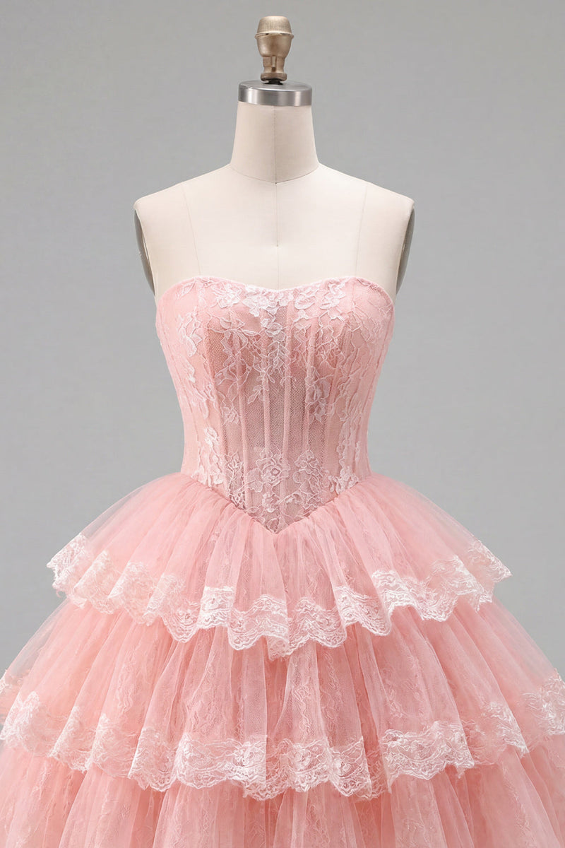 Load image into Gallery viewer, Pink Floral Corset Strapless Lace Short Birthday Party Dress with Ruffles