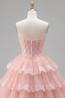 Load image into Gallery viewer, Pink Floral Corset Strapless Lace Short Birthday Party Dress with Ruffles