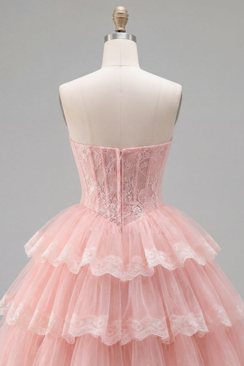 Load image into Gallery viewer, Pink Floral Corset Strapless Lace Short Birthday Party Dress with Ruffles