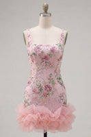 Load image into Gallery viewer, Sparkly Pink Floral Beaded Tight Short Birthday Party Dress with Ruffles