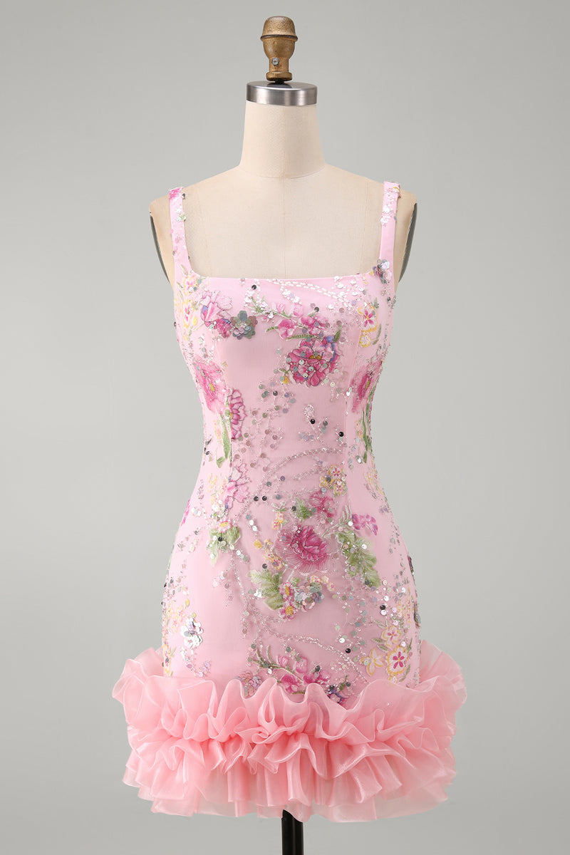 Load image into Gallery viewer, Sparkly Pink Floral Beaded Tight Short Birthday Party Dress with Ruffles