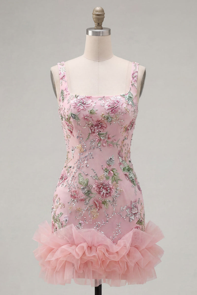 Load image into Gallery viewer, Sparkly Pink Floral Beaded Tight Short Birthday Party Dress with Ruffles