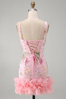 Load image into Gallery viewer, Sparkly Pink Floral Beaded Tight Short Birthday Party Dress with Ruffles