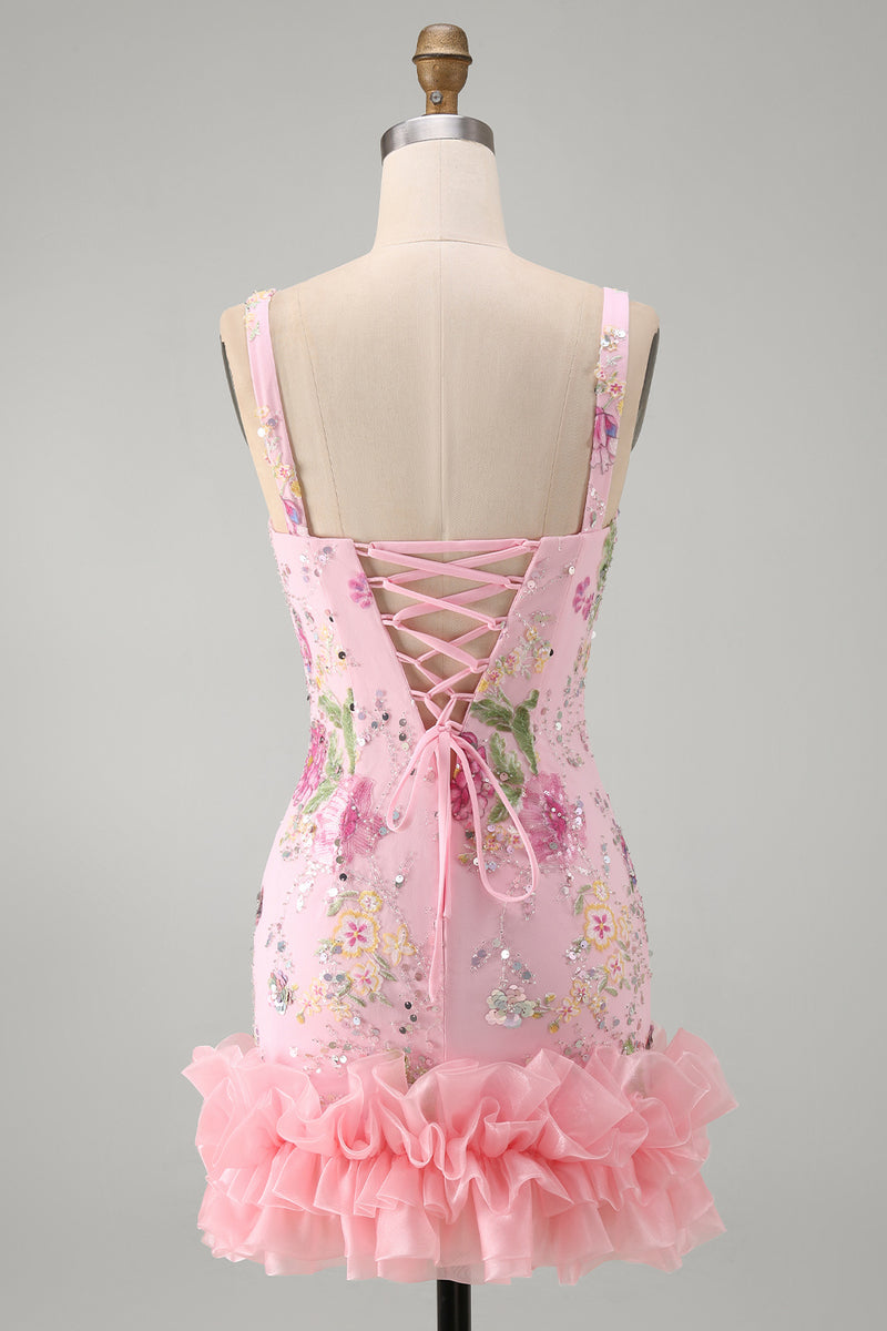 Load image into Gallery viewer, Sparkly Pink Floral Beaded Tight Short Birthday Party Dress with Ruffles