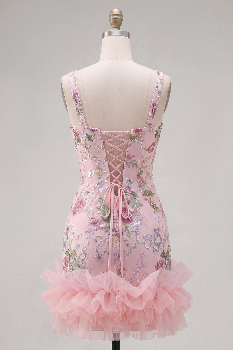 Load image into Gallery viewer, Sparkly Pink Floral Beaded Tight Short Birthday Party Dress with Ruffles