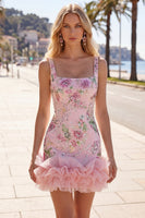 Load image into Gallery viewer, Sparkly Pink Floral Beaded Tight Short Birthday Party Dress with Ruffles