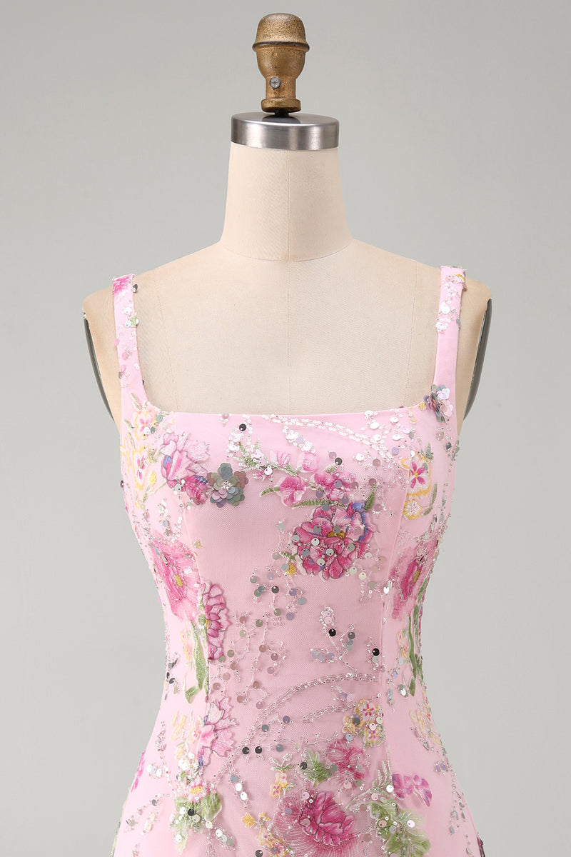 Load image into Gallery viewer, Sparkly Pink Floral Beaded Tight Short Birthday Party Dress with Ruffles