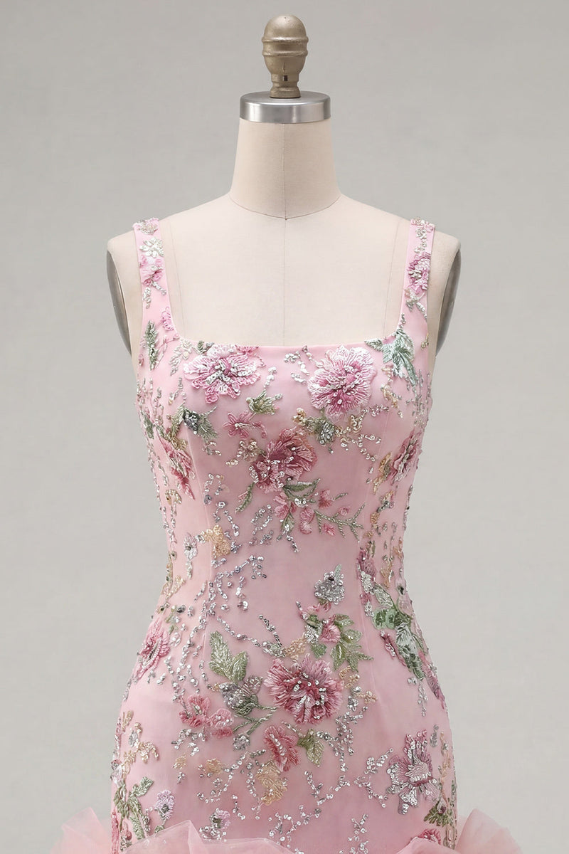 Load image into Gallery viewer, Sparkly Pink Floral Beaded Tight Short Birthday Party Dress with Ruffles