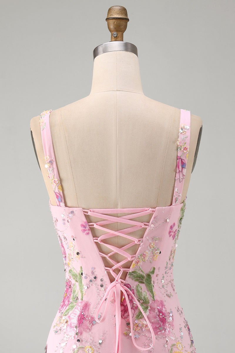 Load image into Gallery viewer, Sparkly Pink Floral Beaded Tight Short Birthday Party Dress with Ruffles