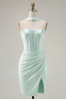 Load image into Gallery viewer, Mint Corset Short Strapless Tight Ruched Birthday Party Dress with Slit