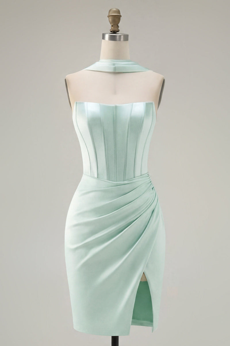 Load image into Gallery viewer, Mint Corset Short Strapless Tight Ruched Birthday Party Dress with Slit