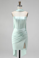 Load image into Gallery viewer, Mint Corset Short Strapless Tight Ruched Birthday Party Dress with Slit
