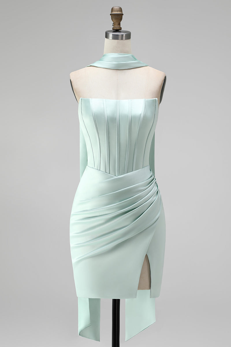 Load image into Gallery viewer, Mint Corset Short Strapless Tight Ruched Birthday Party Dress with Slit
