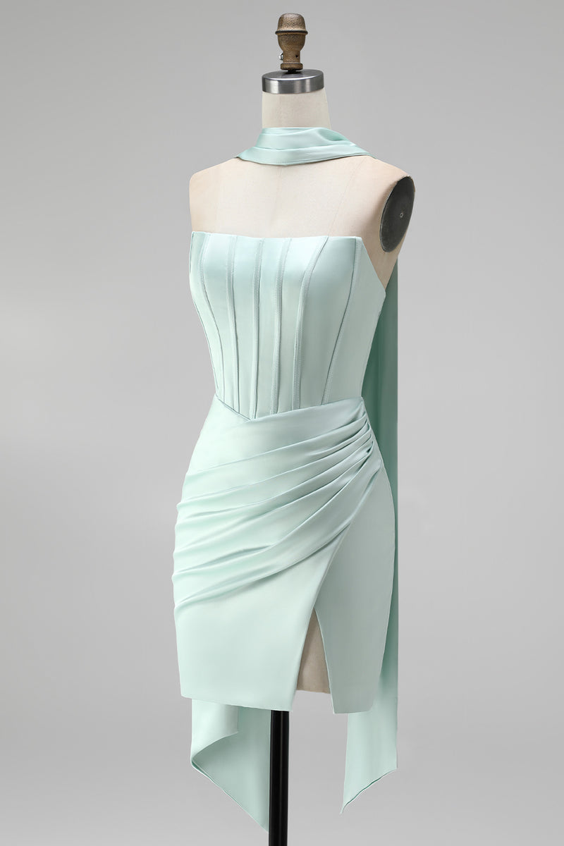 Load image into Gallery viewer, Mint Corset Short Strapless Tight Ruched Birthday Party Dress with Slit