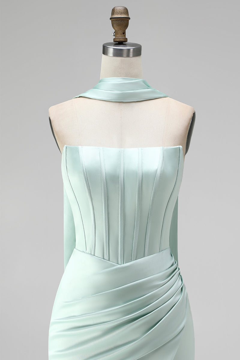 Load image into Gallery viewer, Mint Corset Short Strapless Tight Ruched Birthday Party Dress with Slit
