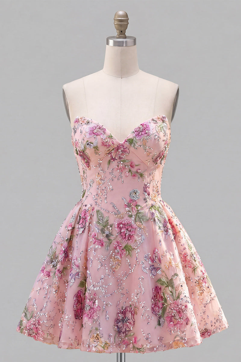 Load image into Gallery viewer, Sparkly Pink Floral Beaded Strapless A Line Short Birthday Party Dress