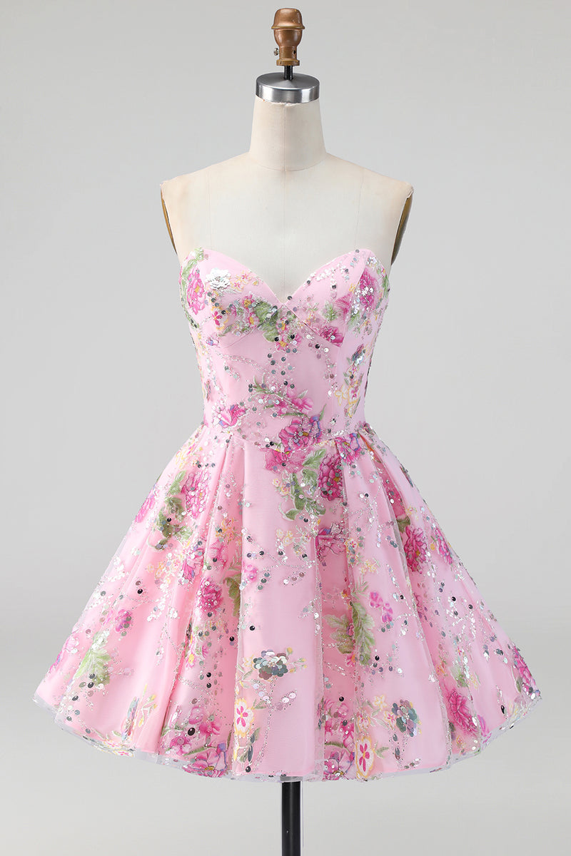 Load image into Gallery viewer, Sparkly Pink Floral Beaded Strapless A Line Short Birthday Party Dress