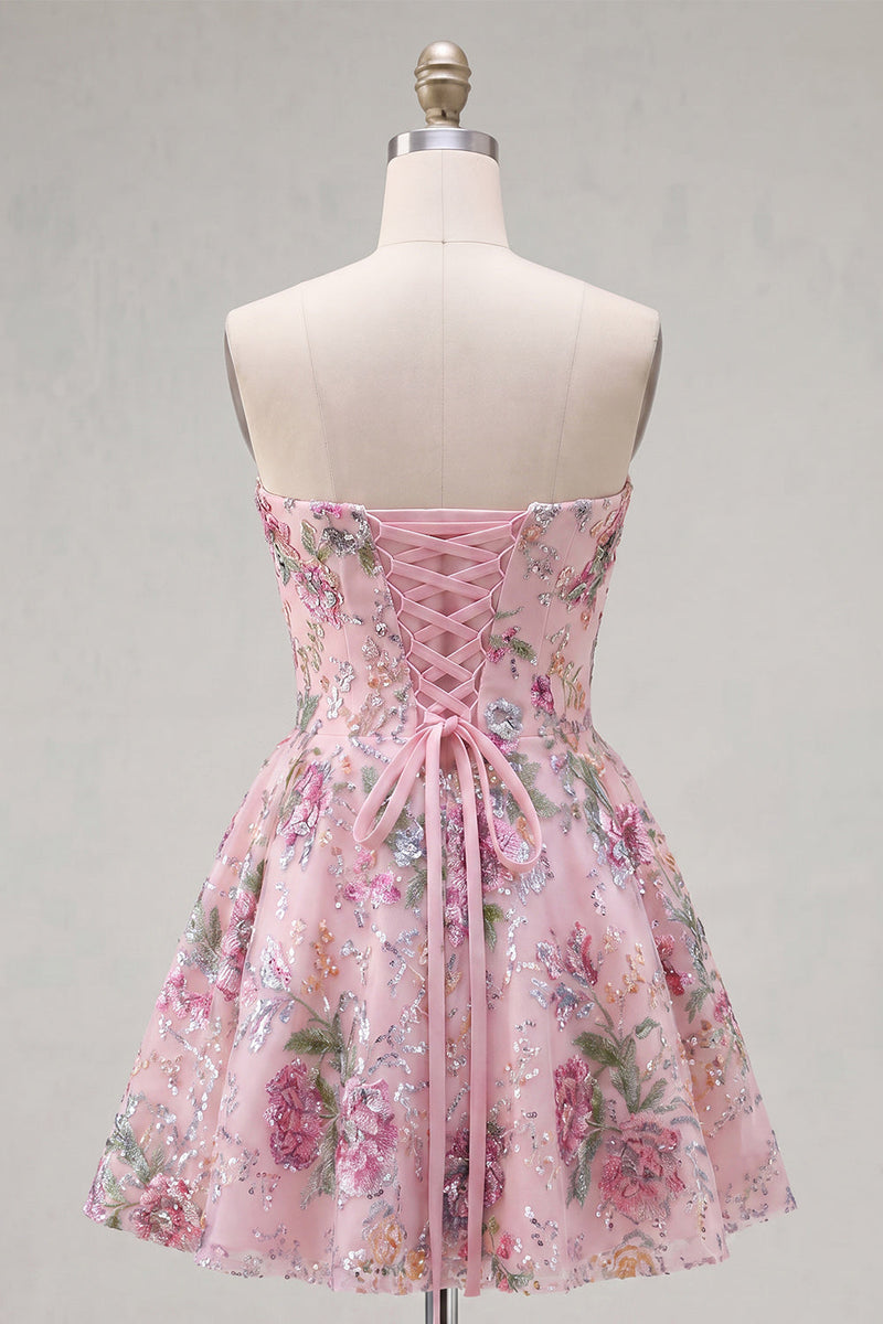 Load image into Gallery viewer, Sparkly Pink Floral Beaded Strapless A Line Short Birthday Party Dress