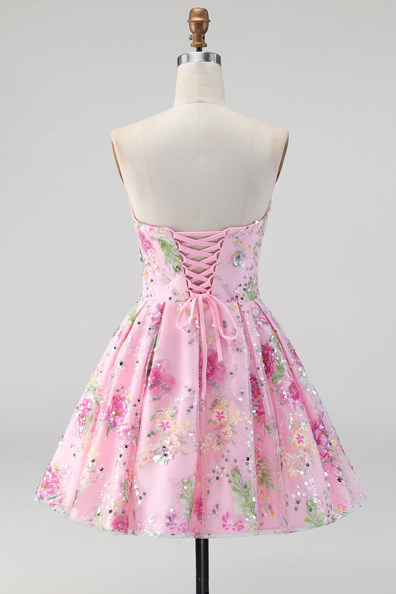 Load image into Gallery viewer, Sparkly Pink Floral Beaded Strapless A Line Short Birthday Party Dress