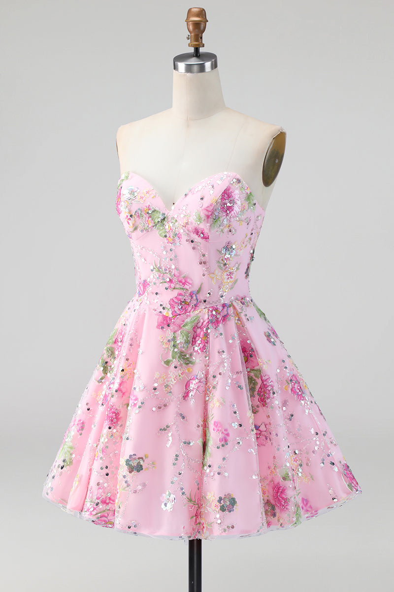 Load image into Gallery viewer, Sparkly Pink Floral Beaded Strapless A Line Short Birthday Party Dress