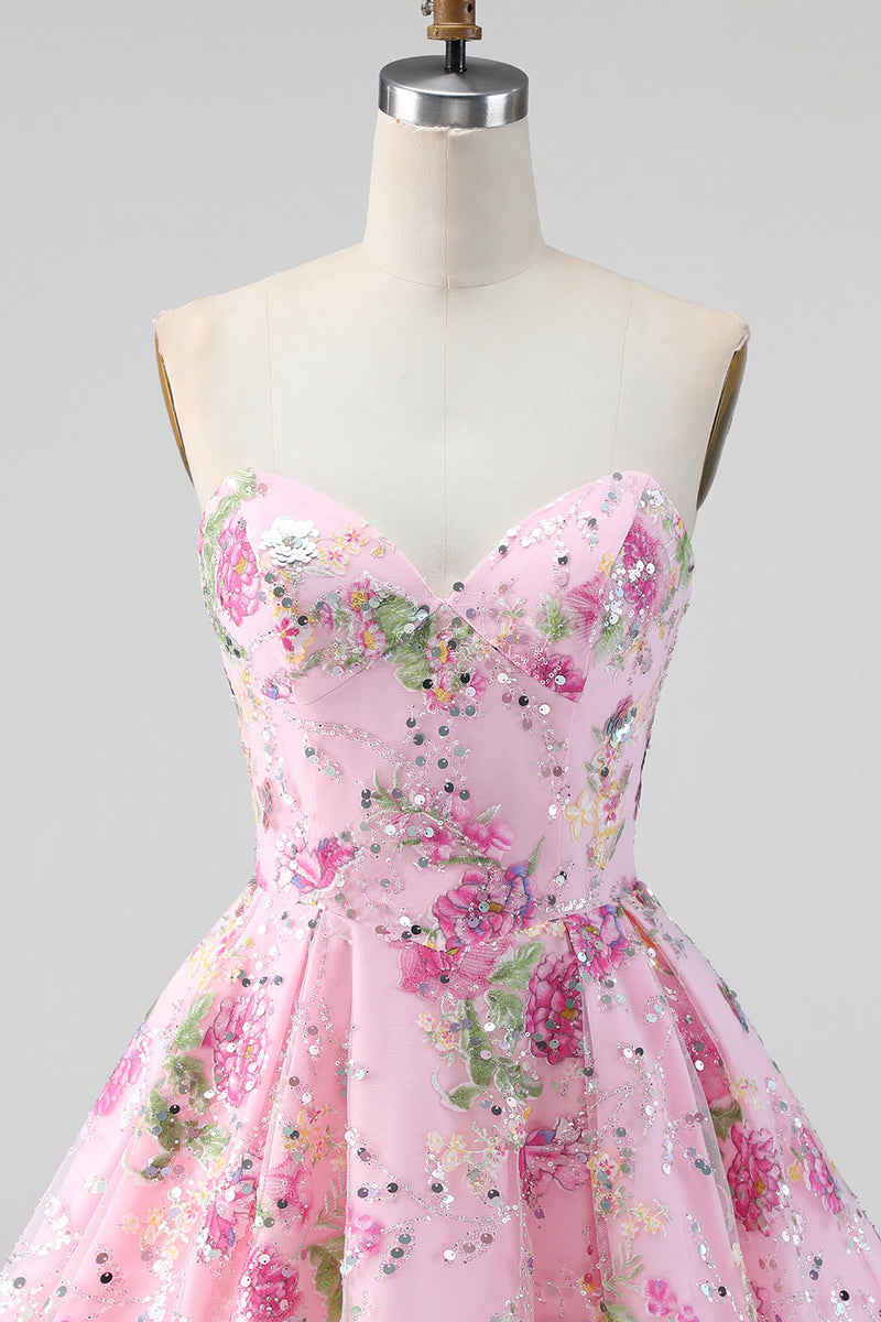 Load image into Gallery viewer, Sparkly Pink Floral Beaded Strapless A Line Short Birthday Party Dress