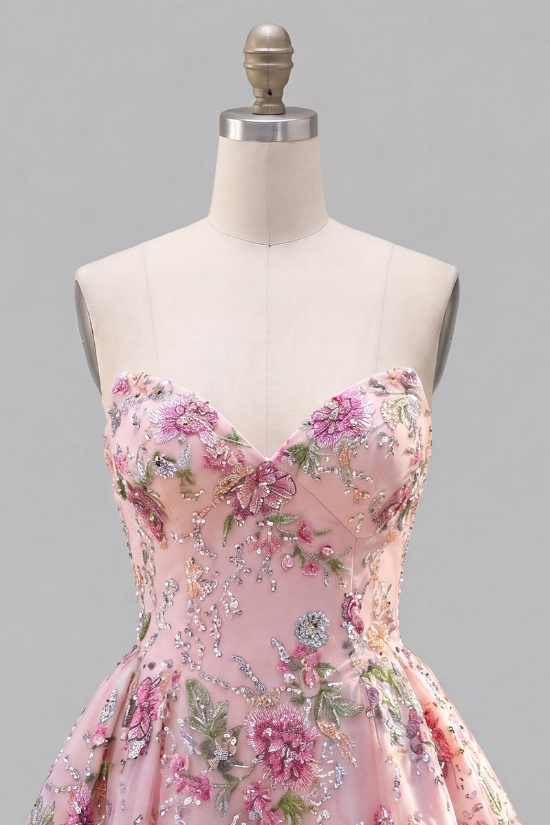 Load image into Gallery viewer, Sparkly Pink Floral Beaded Strapless A Line Short Birthday Party Dress