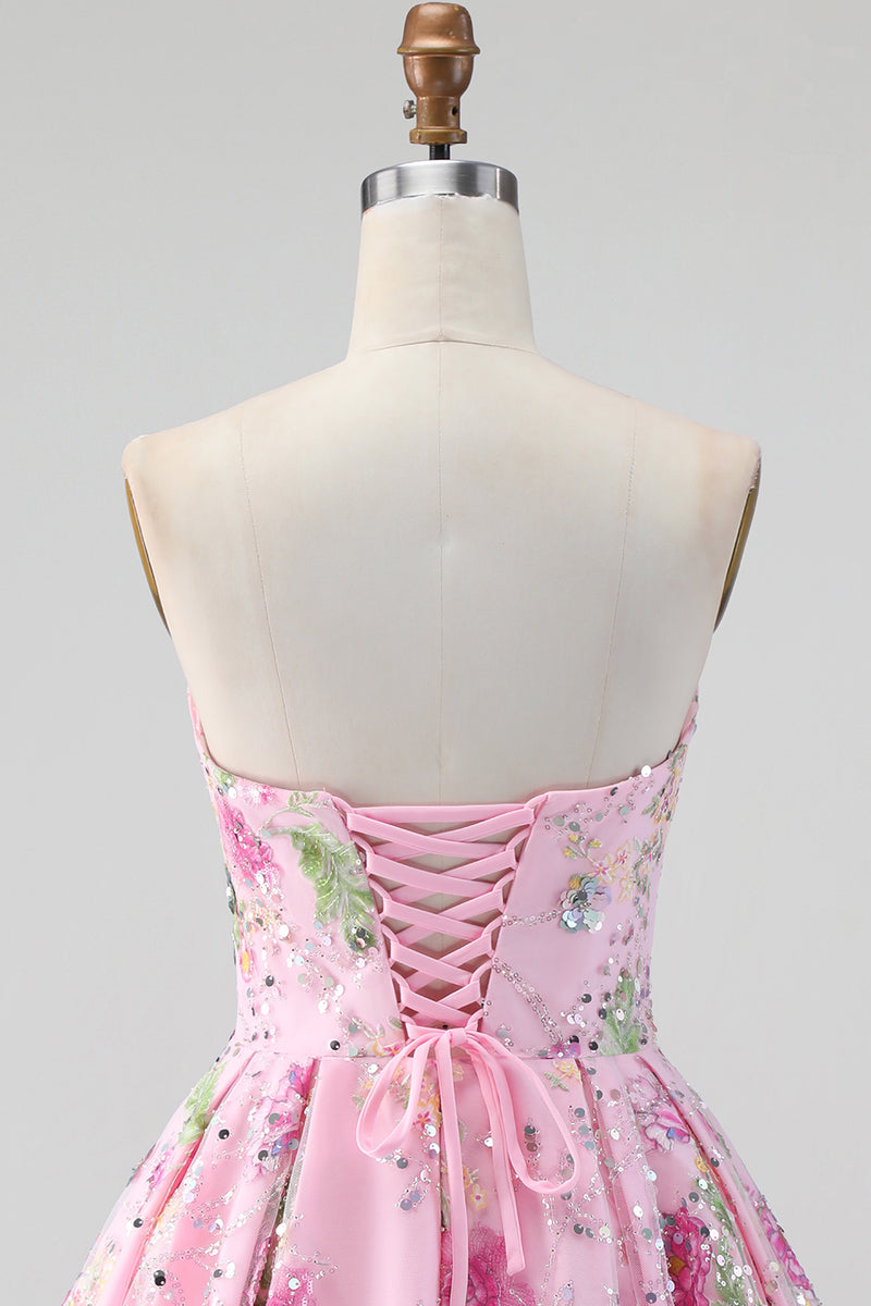 Load image into Gallery viewer, Sparkly Pink Floral Beaded Strapless A Line Short Birthday Party Dress