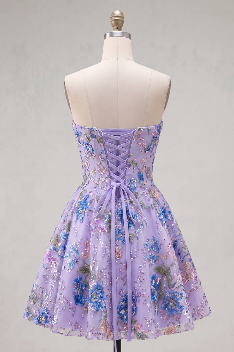Load image into Gallery viewer, Sparkly Pink Floral Beaded Strapless A Line Short Birthday Party Dress