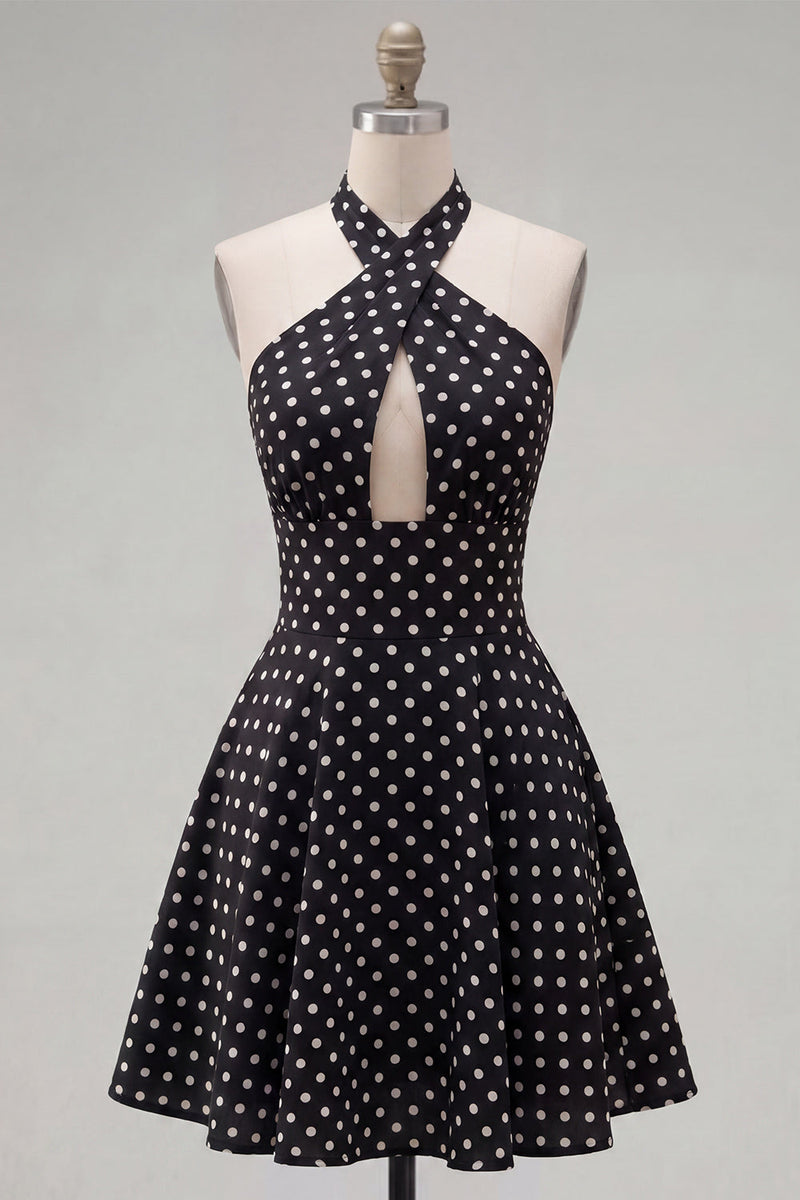 Load image into Gallery viewer, Black White Dot A Line Keyhole Halter Short Birthday Party Dress