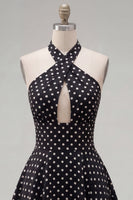 Load image into Gallery viewer, Black White Dot A Line Keyhole Halter Short Birthday Party Dress