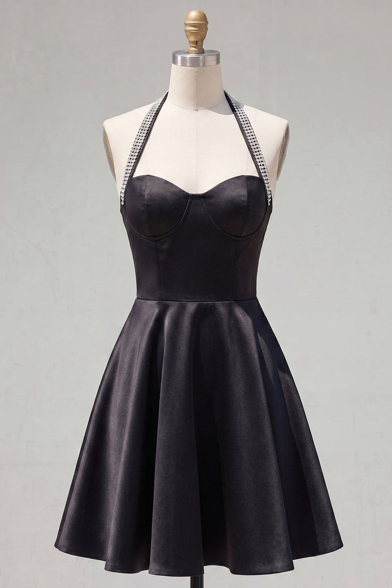 Load image into Gallery viewer, Black Halter A Line Short Birthday Party Dress with Beading