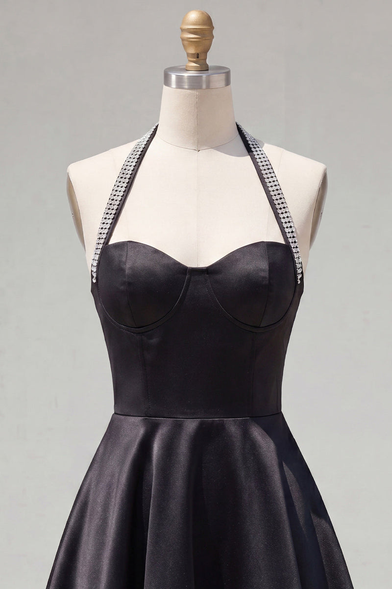 Load image into Gallery viewer, Black Halter A Line Short Birthday Party Dress with Beading