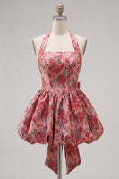 Load image into Gallery viewer, Red Flower Halter Jacquard A Line Short Birthday Party Dress with Bow
