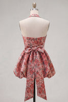 Load image into Gallery viewer, Red Flower Halter Jacquard A Line Short Birthday Party Dress with Bow