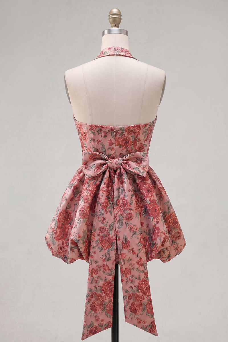 Load image into Gallery viewer, Red Flower Halter Jacquard A Line Short Birthday Party Dress with Bow