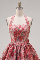 Load image into Gallery viewer, Red Flower Halter Jacquard A Line Short Birthday Party Dress with Bow