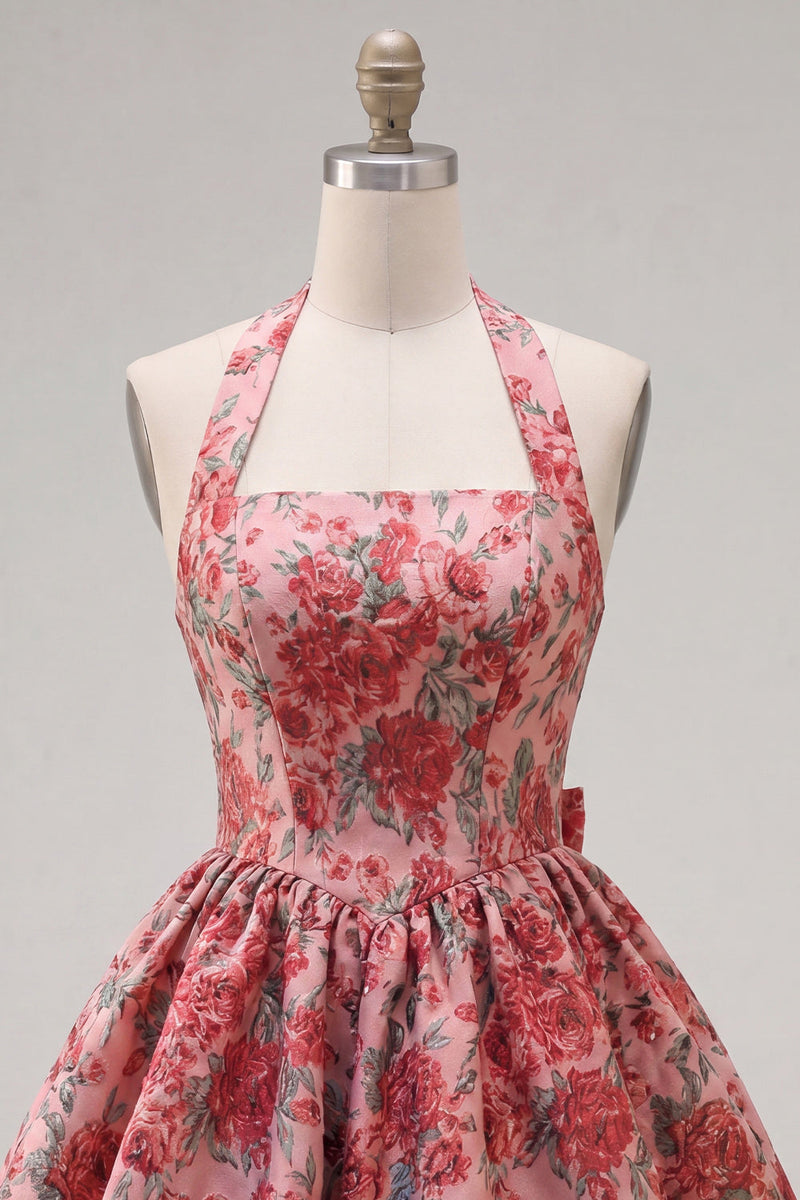 Load image into Gallery viewer, Red Flower Halter Jacquard A Line Short Birthday Party Dress with Bow