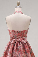 Load image into Gallery viewer, Red Flower Halter Jacquard A Line Short Birthday Party Dress with Bow