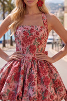 Load image into Gallery viewer, Red Flower Halter Jacquard A Line Short Birthday Party Dress with Bow