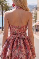 Load image into Gallery viewer, Red Flower Halter Jacquard A Line Short Birthday Party Dress with Bow