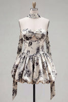 Load image into Gallery viewer, White Black Flower A Line Keyhole Strapless Short Birthday Party Dress