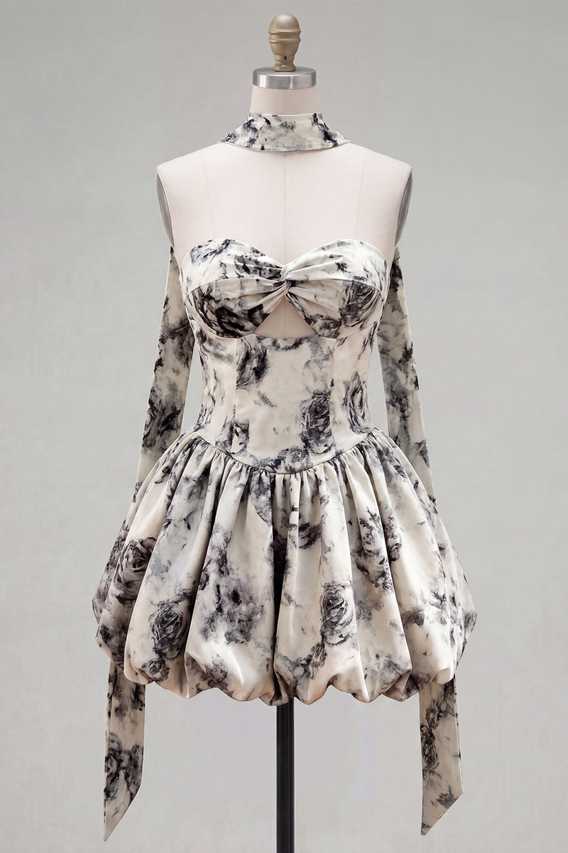 Load image into Gallery viewer, White Black Flower A Line Keyhole Strapless Short Birthday Party Dress