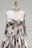 Load image into Gallery viewer, White Black Flower A Line Keyhole Strapless Short Birthday Party Dress