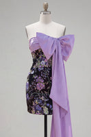 Load image into Gallery viewer, Sparkly Black Strapless Floral Tight Short Sequin Birthday Party Dress with Bow