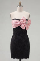 Load image into Gallery viewer, Black Pink Floral Strapless Tight Short Corset Beaded Birthday Party Dress with Bow