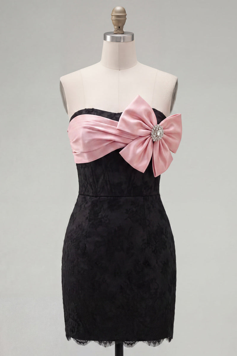 Load image into Gallery viewer, Black Pink Floral Strapless Tight Short Corset Beaded Birthday Party Dress with Bow
