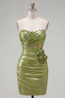 Load image into Gallery viewer, Green Corset Short Tight Strapless Ruched Birthday Party Dress with 3D Flowers