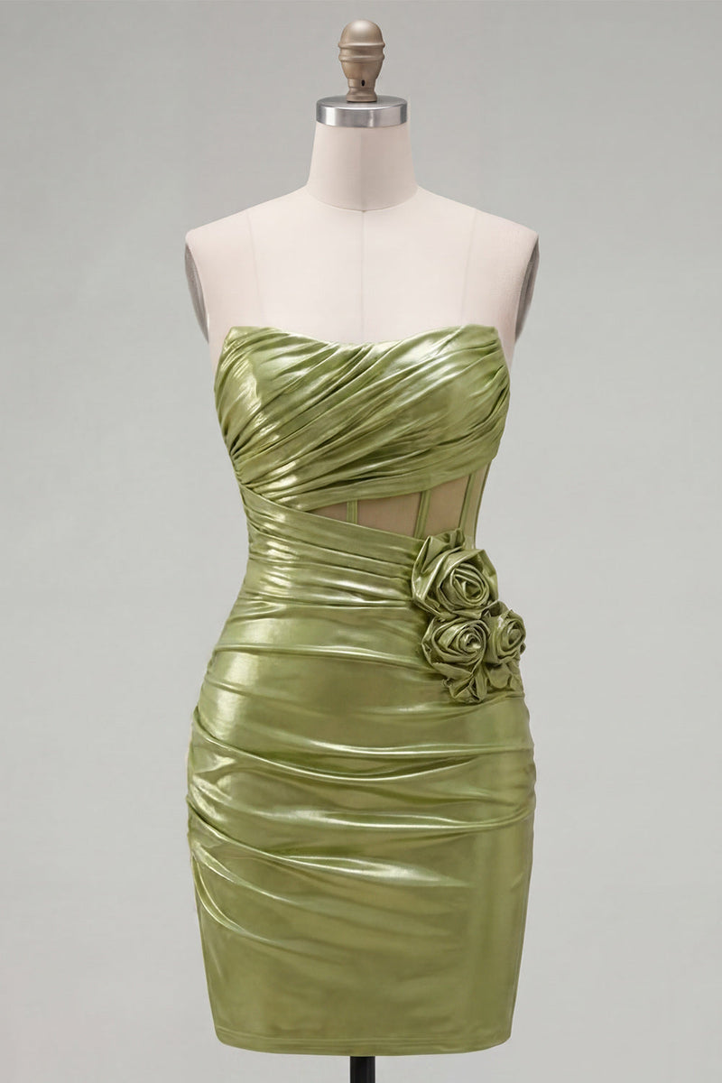 Load image into Gallery viewer, Green Corset Short Tight Strapless Ruched Birthday Party Dress with 3D Flowers