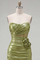 Load image into Gallery viewer, Green Corset Short Tight Strapless Ruched Birthday Party Dress with 3D Flowers