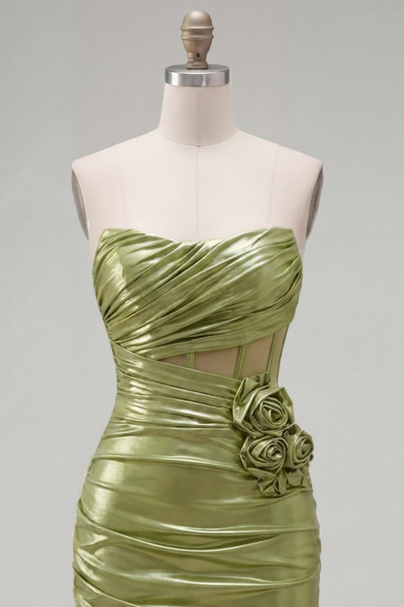 Load image into Gallery viewer, Green Corset Short Tight Strapless Ruched Birthday Party Dress with 3D Flowers